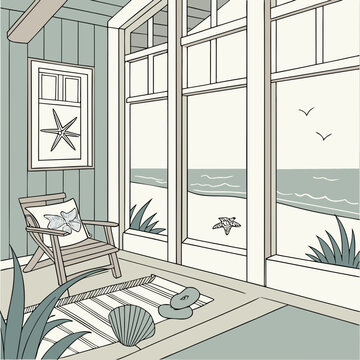 Relaxing beach sunroom with ocean view and beach decor interior design home decor coastal living interior relaxation tropical vacation seagrass starfish seashell peaceful lighting
