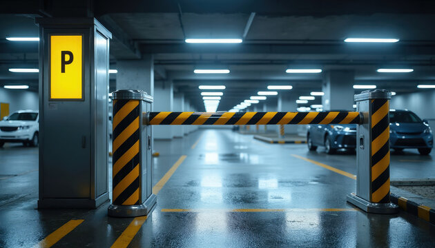 Automated barrier controls entry to underground parking garage. Cars wait for access in modern facility with yellow lines and bright lights. Safety system manages vehicle flow.