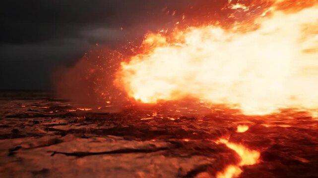 The fiery eruption of molten rock and ash billows explosively from a volcanic vent, painting the dark, dramatic sky with intense orange flames during a powerful natural cataclysm