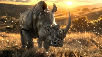 Fototapeta premium A majestic rhinoceros stands proudly in golden, sunlit grasslands, with warm hues