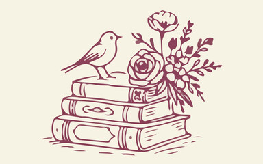 stack of books bird floral illustration hand drawn vintage romantic botanical mauve vector library reading brand design © Sumaia