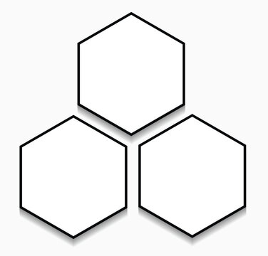 3 Polygon photo frames template of hexagon shapes with a black border in a simple layout. Used as a printable photo collage or a blank mock up for album pictures or photographs collection. 