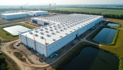 Naklejka premium Large modern building complex with cranes visible indicating ongoing construction. Several white industrial warehouses with rooftop HVAC units sit near water retention ponds under clear sky. Future