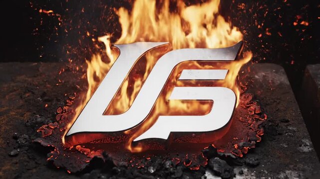 A powerful fiery inferno ignites a metallic symbol, creating a dramatic and intense visual representation of energy and transformation, evoking strong emotions for impactful design applications