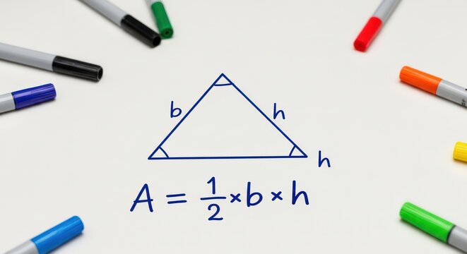 Hand Drawn Right Triangle with Area Formula and Markers.