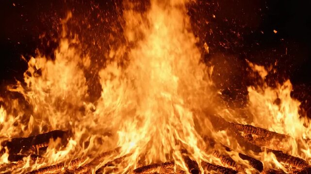 A vibrant bonfire crackles intensely at night, a powerful natural spectacle of dancing flames and glowing embers illuminating the surrounding darkness with its radiant warmth and consuming