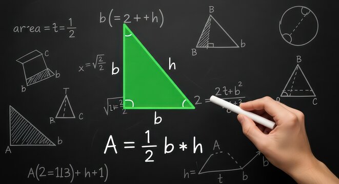 Hand Drawing Triangle Area Formula on Classroom Chalkboard.