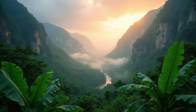 Tropical jungle valley at sunrise. Steep mountain cliffs frame misty forest with river flowing below. Rich banana leaves in foreground create natural depth, serene green landscape.