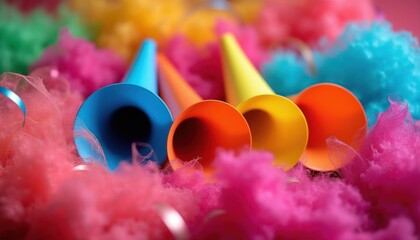 Naklejka premium Party horns and colorful streamers sit on vibrant fluffy material. Objects are close up against a blurred background. Festive scene with bright and cheerful elements for any celebration occasion.