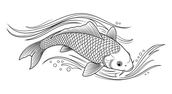 Black and white koi fish illustration with stylized water waves