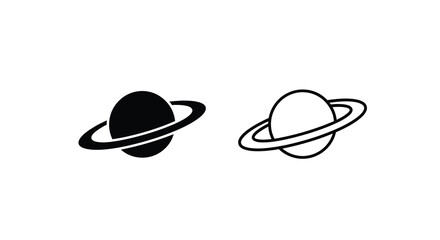Saturn planet icon set black and white line art representation of the ringed planet © Pvect02