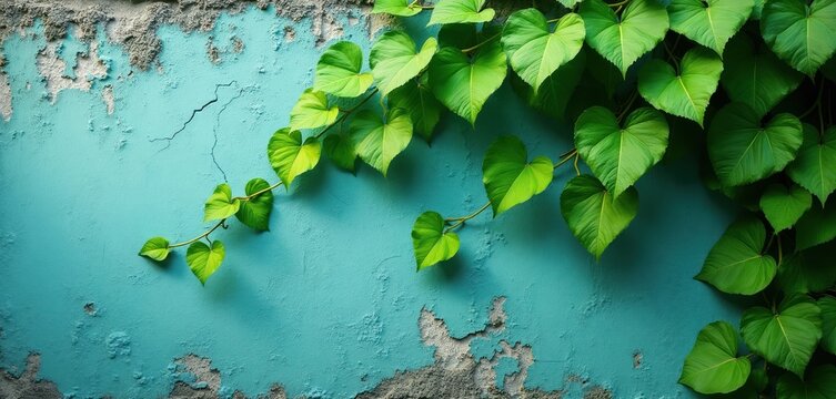 Green vine grows on peeling teal wall. Cracked plaster surface reveals stone. Natural growth contrasts aged texture. Botanical life overcomes decay.