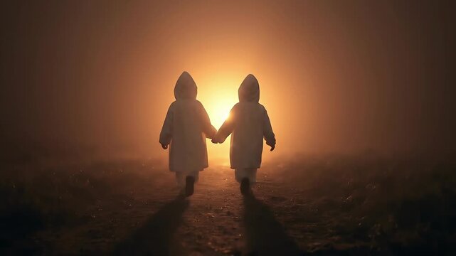 Two hooded children walk hand in hand into a warm, glowing mist, casting long shadows on the path; a tender, mysterious, hopeful scene full of calm companionship and quiet wonder