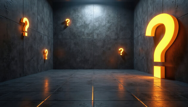 Large glowing yellow question marks on dark concrete walls of an empty room. Symbolizes dilemma uncertainty confusion or seeking answers. Abstract concept of asking why.
