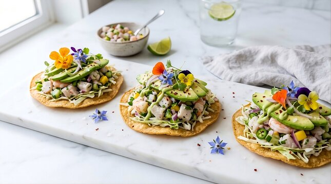 Fresh seafood ceviche tostadas topped with colorful edible flowers and avocado slices on white marble kitchen table.