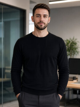 Portrait of a confident young businessman in a black sweater in a modern office