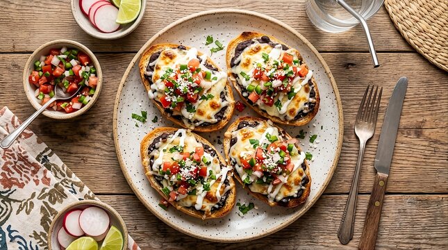Delicious molletes bread topped with black beans cheese salsa and fresh vegetables served on plate for breakfast meal.