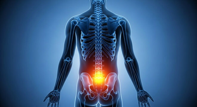 human skeleton with glowing lower back pain