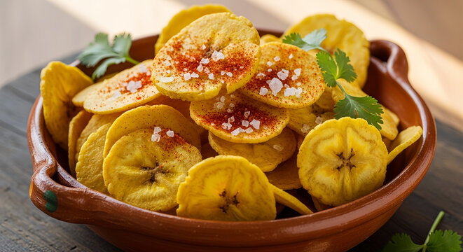 Plantain chips seasoned with chili powder and sea salt in clay bowl with fresh cilantro leaves on wooden table surface.