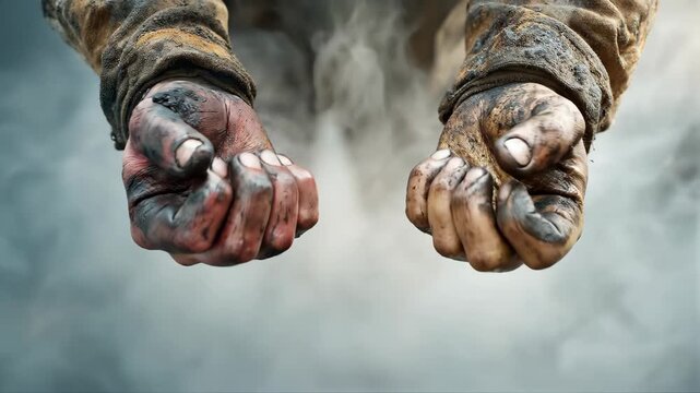 Dirty hands of a manual worker clenching into fists. Laborer holding open palms showing grime and soot. Hard work and industrial struggle concept in smog.