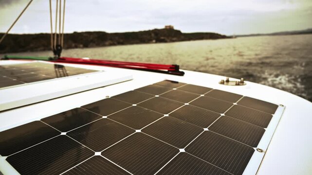 detail of solar panels installed on the stern of a sailboat navigating along a scenic coastline. The footage highlights renewable energy technology in a marine environment, combining sustainable 