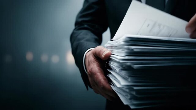 Businessman in suit holding a stack of documents. Corporate manager organizing paper files for investigation and bureaucrat administration or corruption process.