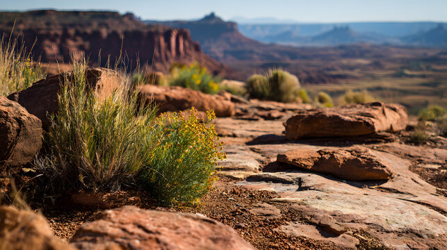 Red rock desert foreground texture with yellow wildflower and scrubby grass on sandstone plateau overlooking distant canyon vista