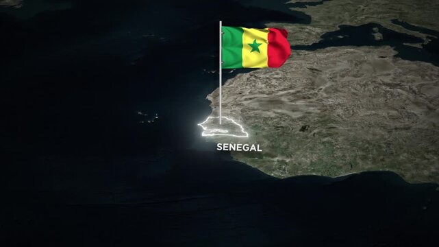 Senegal Map Animation with 3D Waving of Senegal National Flag and Glowing Border Animation on World Map