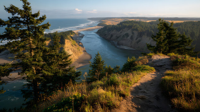 Elevated viewpoint trail overlook coastal river mouth winding between sandy cliffs with pine trees and golden grass sunset, tranquil natural