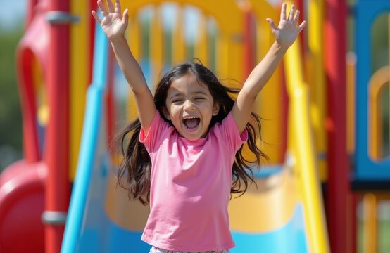 Cute girl laughs with arms raised on a colorful playground. Young child plays outdoors with energetic, happy expression. Childhood fun and joy at a park.