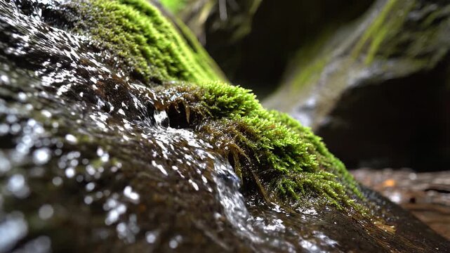 Water trickles over mossy rock in close-up nature scene.