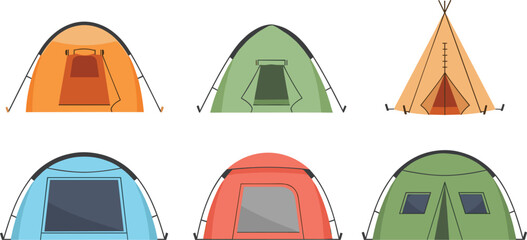 Colorful Camping Tent Icon Set with Dome, Tunnel, and Teepee Styles for Outdoor, Adventure, and Travel Graphic Design Projects © Nayem
