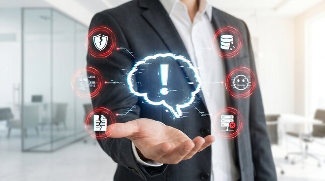 AI hallucination and system error concept. Digital glitch and data failure in artificial intelligence. Businessman holding AI hologram.