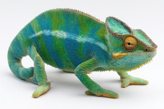 Vibrant chameleon on white surface colorful reptile in detailed close up