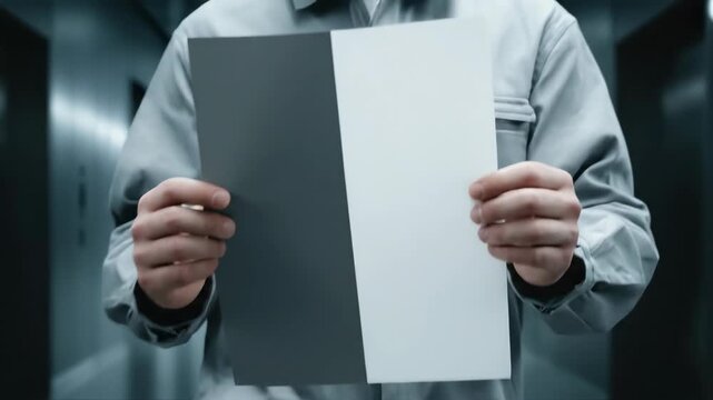 Man in uniform holding a divided paper card. Business employee showing contrast document in office. Concept of choice or comparison in corporate management process.