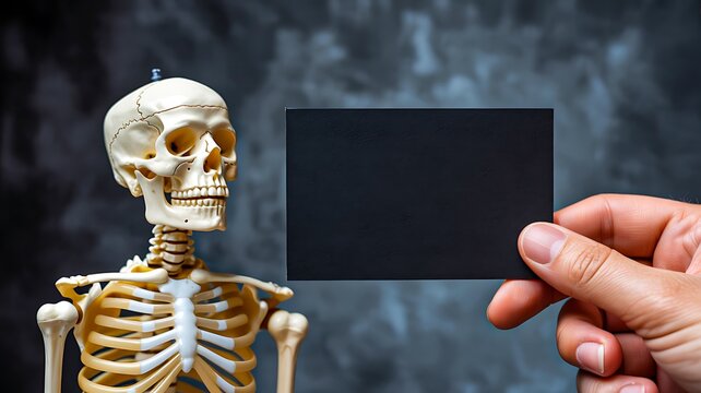 Skeleton holding blank card medical anatomy halloween concept with human bones structure 