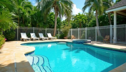 Fototapeta premium Luxury resort swimming pool with tanning ledge and stpic. White fence borders lush tropical garden with palm trees. Chairs and hot tub invite relaxation and vacation enjoyment.