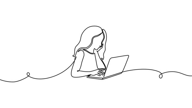 Continuous one line laptop woman computer drawing work desk art. Laptop woman computer outline sketch girl vector worker office customer screen doctor draw healthcare person typing pc businesswoman.