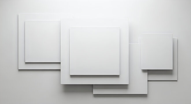 Minimalist layered white blank squares and rectangles on light background