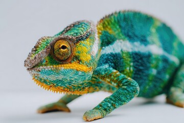 Obraz premium Vibrant chameleon with intricate patterns on white background close up shot