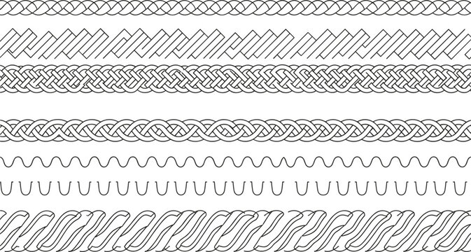 Decorative Braided Border and Rope Pattern Set with Celtic Knot and Woven Line Styles for Frame and Graphic Design Projects