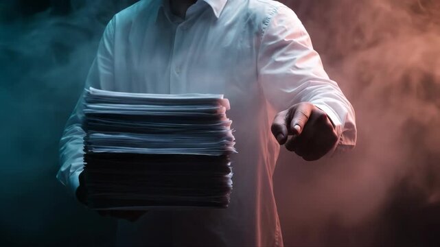 Businessman holding a large stack of paperwork and pointing forward. Corporate corruption and bureaucracy concept. Executive managing heavy document workflow in office.