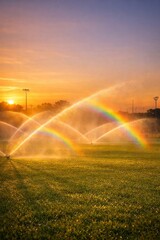 Naklejka premium Irrigation Sprinkler Watering Grass Field at Sunset with Rainbow, Sustainable Landscaping, Agriculture Hydration, Gardening Water Nature Environment Concept