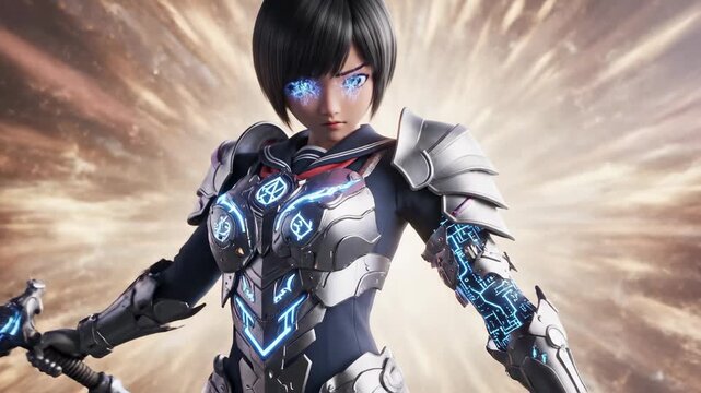 An empowering animated female warrior with glowing blue eyes, clad in futuristic cybernetic armor, stands resolute with a cosmic energy aura radiating outwards, ready for epic fantasy battle