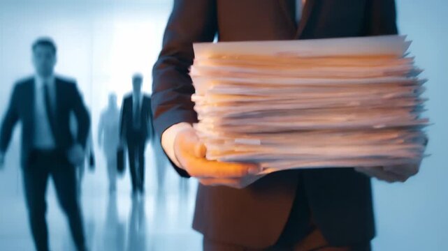 Businessman in suit holding large stack of documents in office hallway. Bureaucrat carrying paperwork for filing or investigation. Professional corporate archive task.