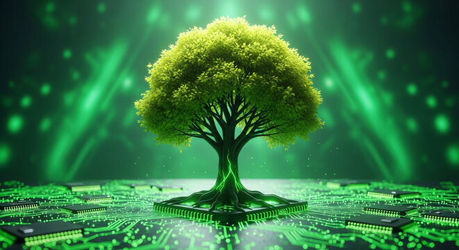 futuristic digital tree with glowing green binary code roots in neon tech environment