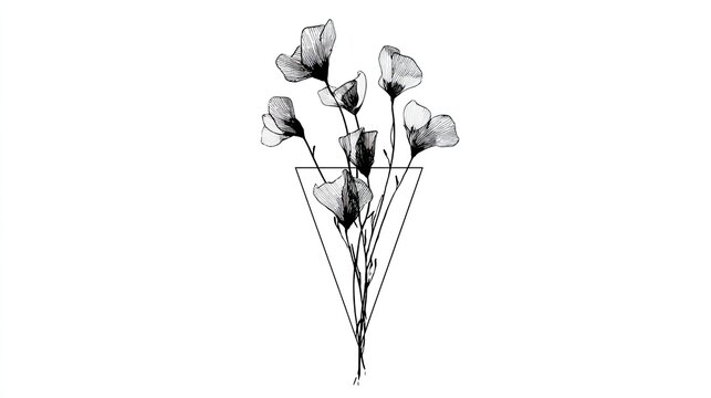 Hand drawn delicate botanical illustration featuring blossoms contained within a geometric triangle