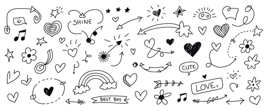 Hand drawn doodle set featuring black ink hearts stars flowers arrows rainbows music notes and speech bubbles with text on a white background for bullet journal decoration and scrapbook