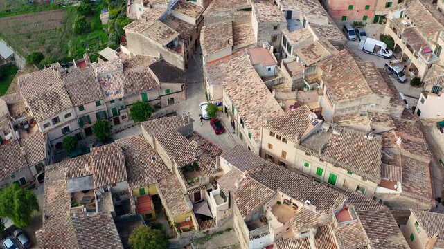 Aerial view of the village landmark Valldemossa on the island of Mallorca in Spain. City urban landscape of historical architecture streets, tourism and travel in the Mediterranean Europe.