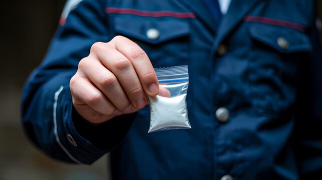 Hand holding small plastic bag with white powder illegal drugs concept and substance abuse issue 